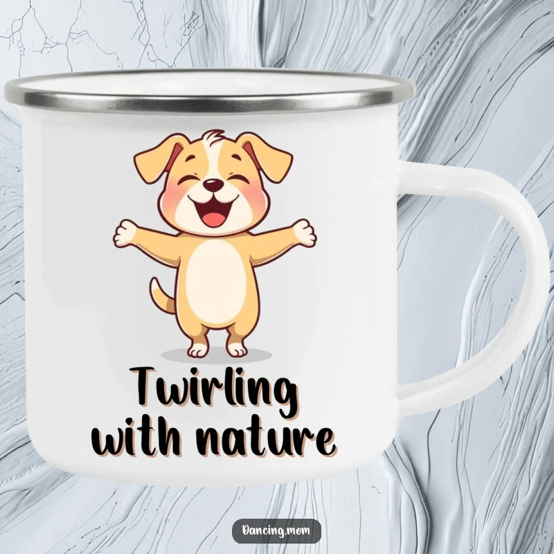 Funny dog twirling with arms outstretched happily, depicted on a rustic enamel camping mug.