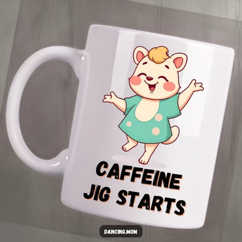 Funny Mom Jig Mug: A dancing mom animal happily performs a little jig, radiating pure celebration and a love for joyful movement, a funny gift.
