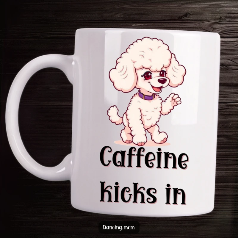 Funny Poodle Prankster Dance Mug: A poodle with a mischievous grin strikes a playful dance pose, radiating cheeky charm.