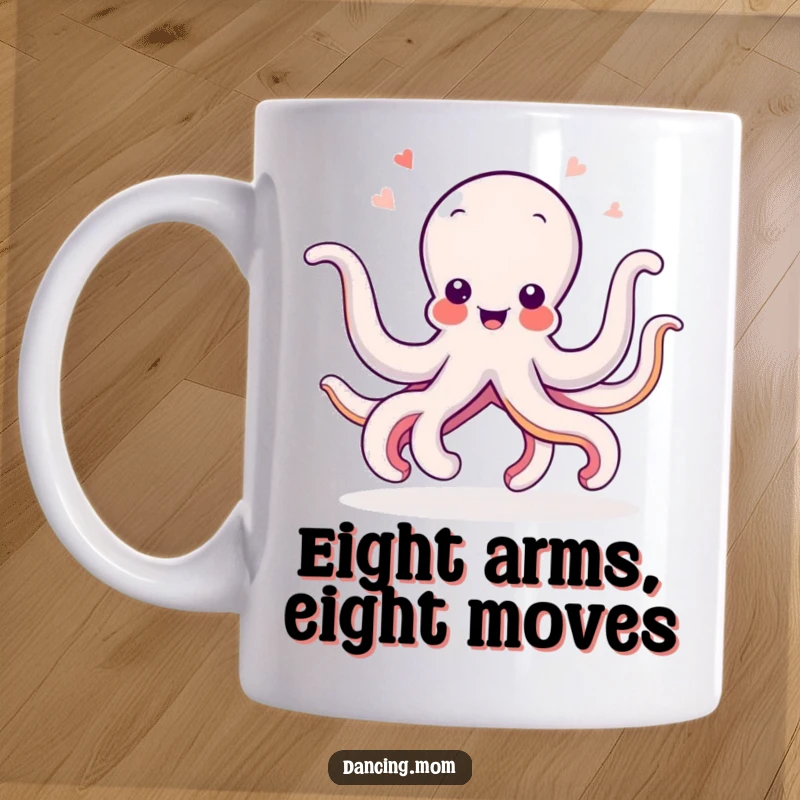 Funny Octopus mug featuring a delighted cephalopod wiggling its eight arms in a joyful, energetic dance pose, perfect for adding humor.
