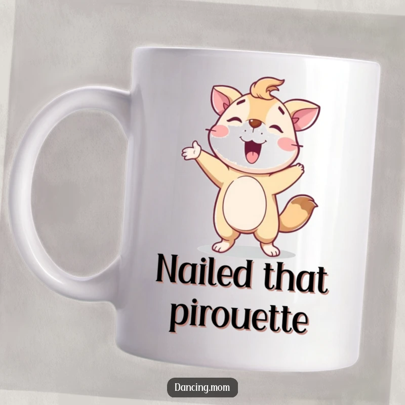 Funny Mug: A delighted animal character proudly posing after a joyful spin, radiating pure happiness and a sense of accomplishment.