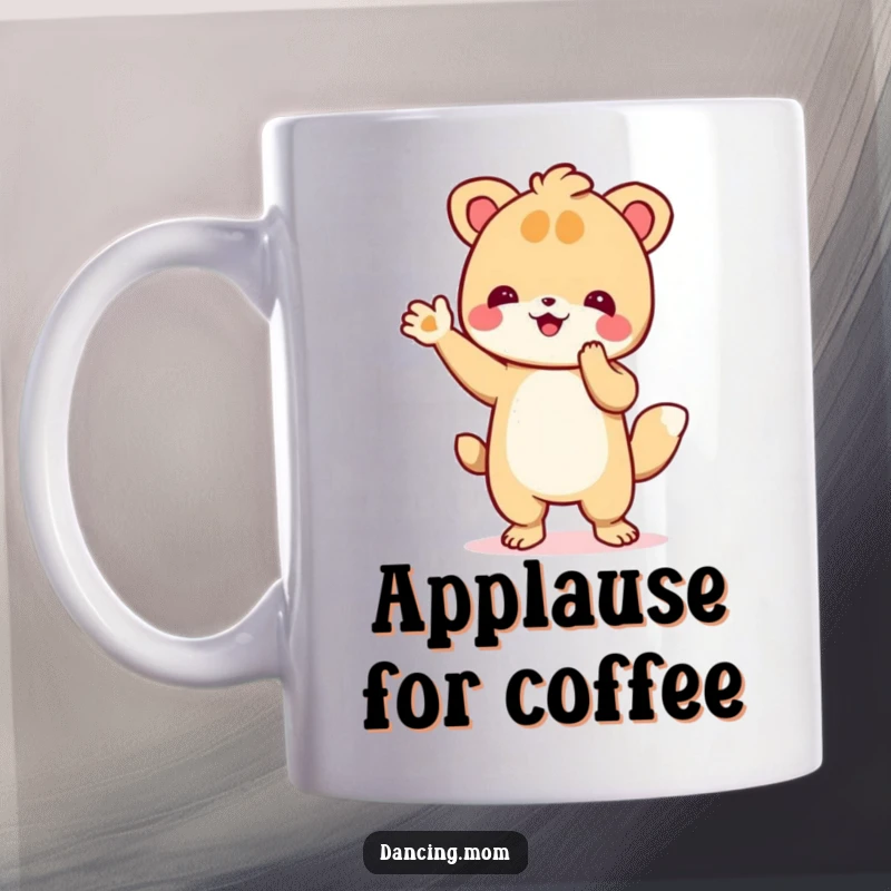 Funny mug with a cheerful animal enthusiastically clapping its paws, showing excitement and appreciation with pure joy.