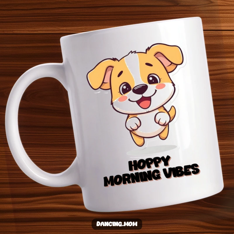 Funny dog mug showing a dog doing a silly little hop with an expression of pure, unadulterated fun.