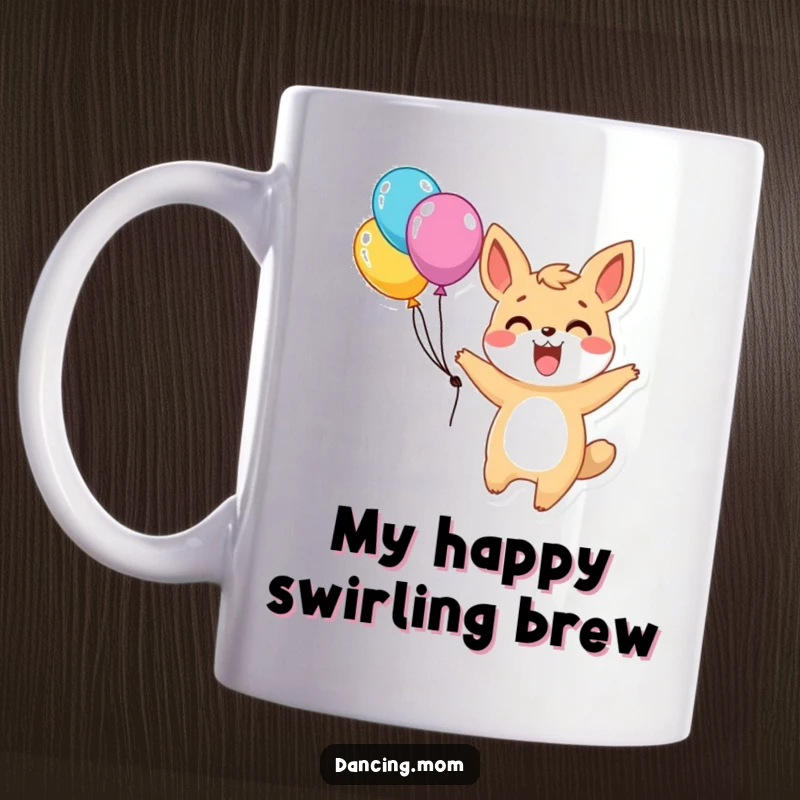 Funny mug featuring an excited animal character twirling happily with colorful balloons, embodying pure celebration and joy.