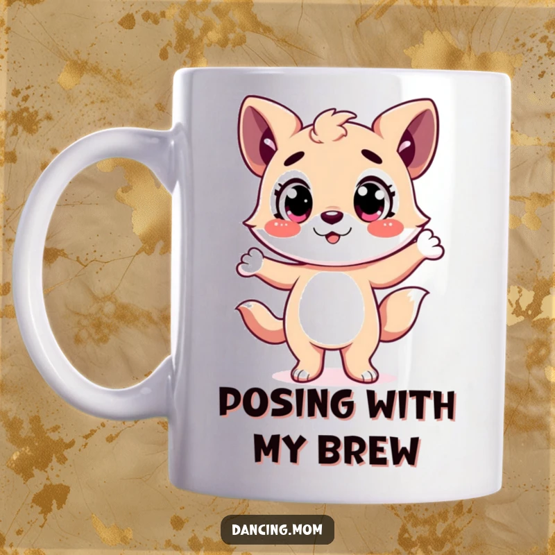 Funny Mug: A happy animal character with wide, excited eyes striking a dramatic dance pose, radiating pure theatrical joy.