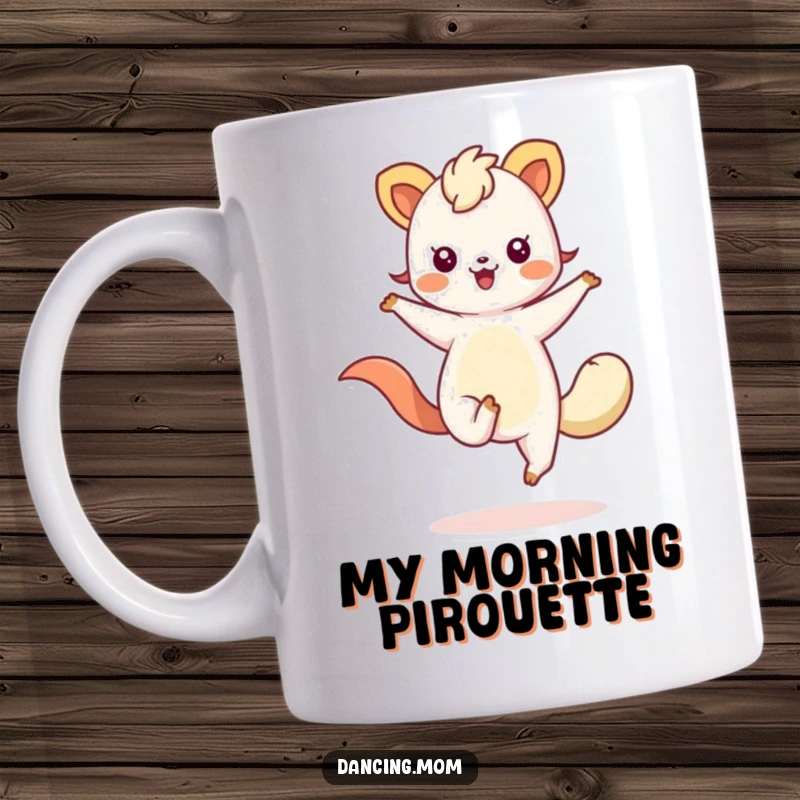 Funny mug featuring a cute kawaii animal artistically drawn with flowing limbs, captured mid-twirl in a joyful dance pose.