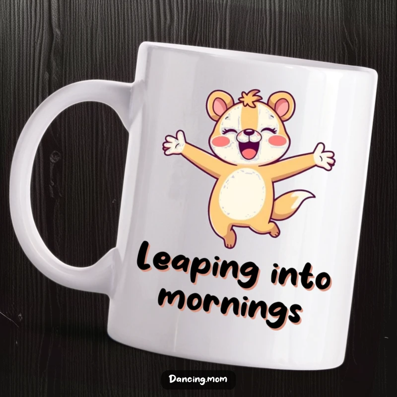 Funny animal character joyfully leaping with arms outstretched, showcasing pure happiness and energetic movement on a mug.