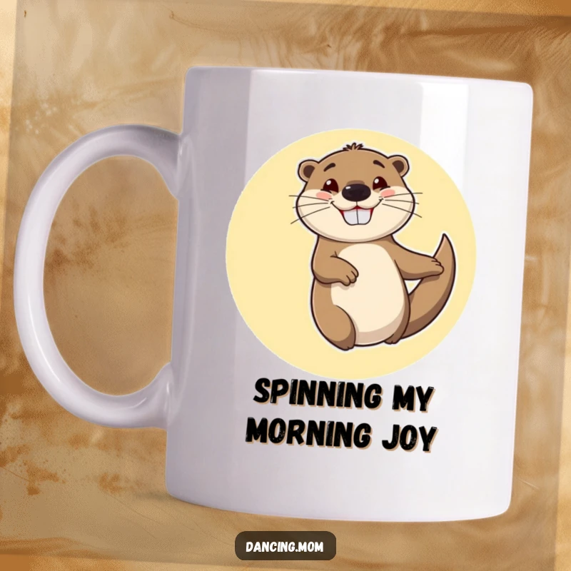 Funny mug of a cheerful otter spinning in circles with a goofy, happy grin, exuding sheer delight and playfulness.