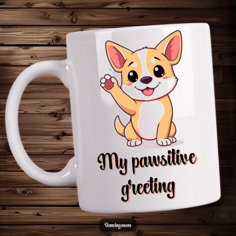 Funny mug showing a dog striking a playful pose with one front paw raised high in the air, full of energy.