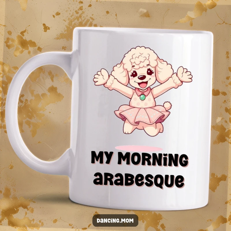 Funny Poodle Diva Mug: A glamorous poodle in a dress joyfully leaps with arms outstretched, showcasing pure delight and elegance.