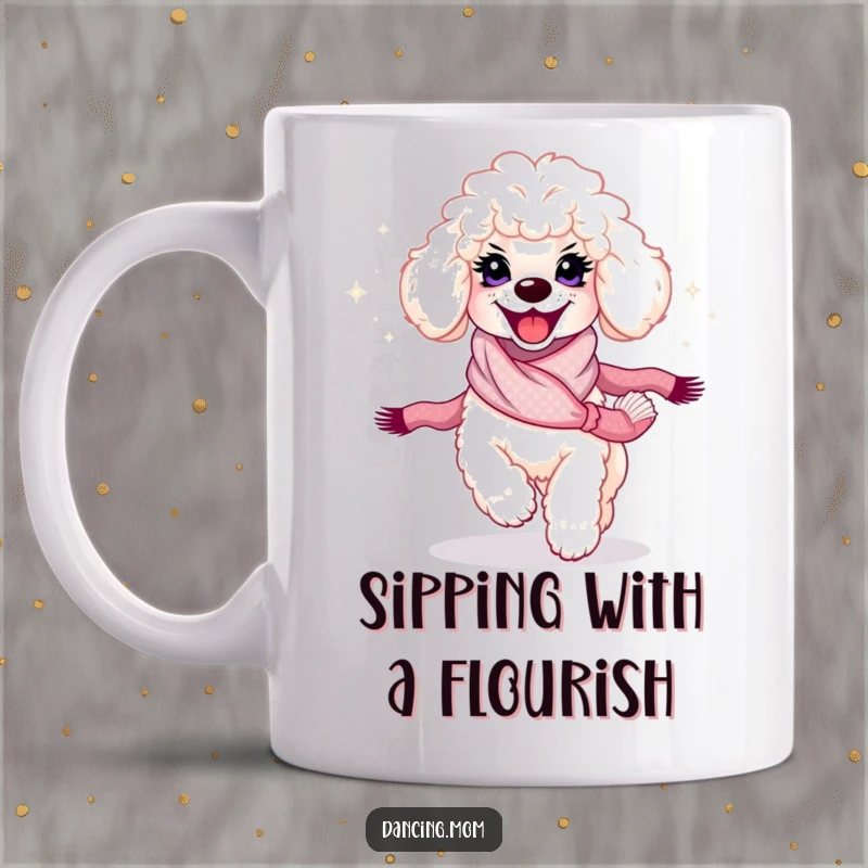 Funny Poodle Twirl Mug: A poodle with a radiant smile spins with a shimmering scarf, looking absolutely joyful and chic.