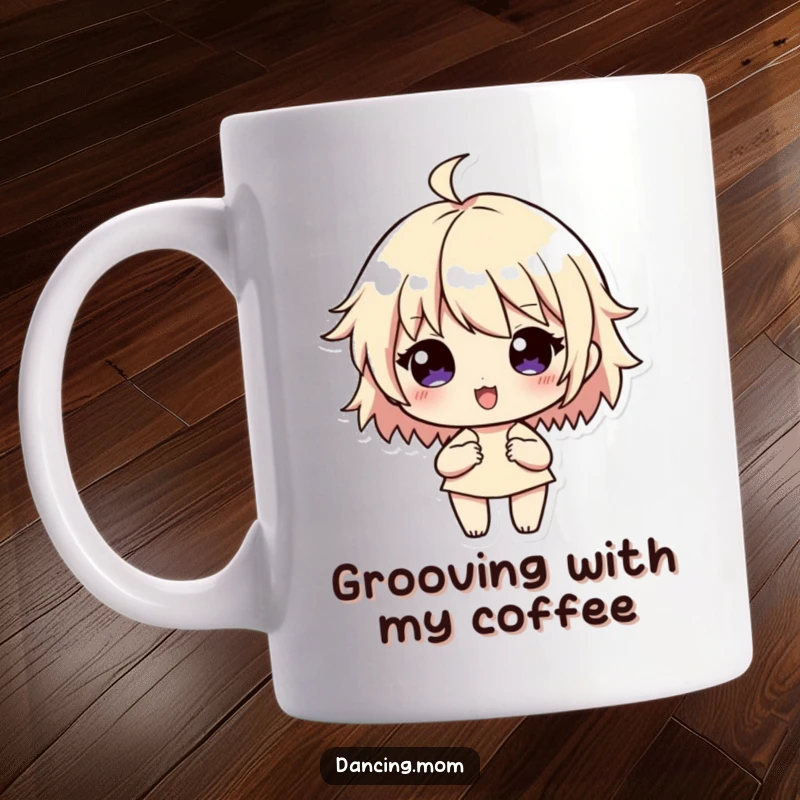 Funny Mug: Character with flowing rhythm lines around them, grooving to a beat, perfect for a funny music gift.