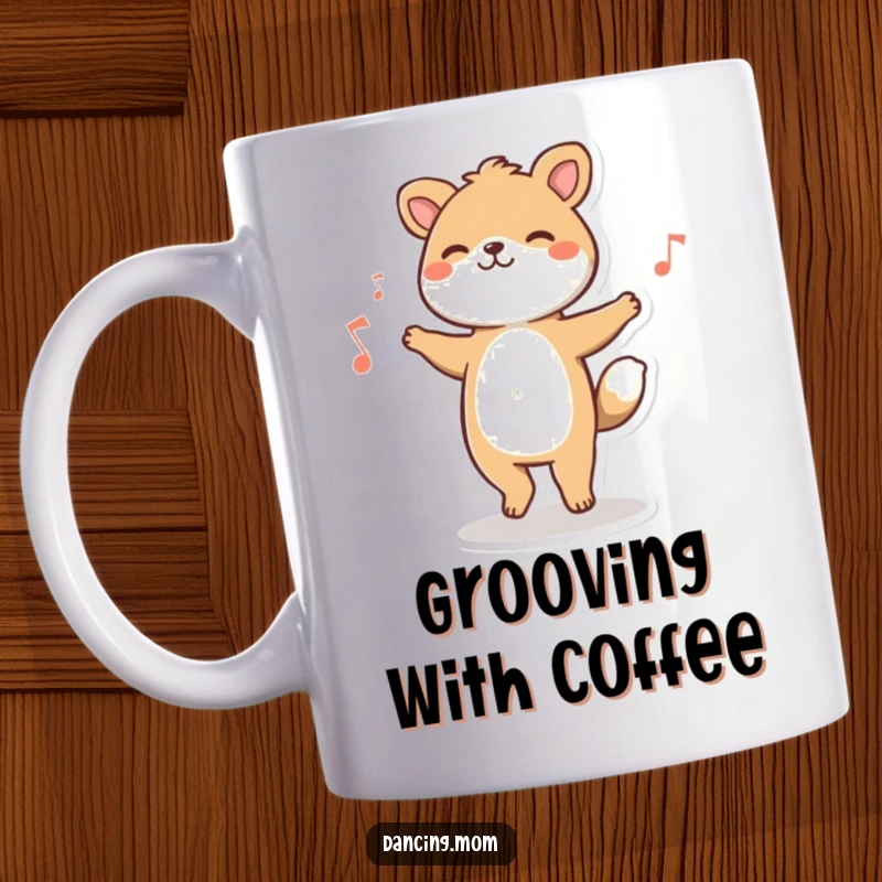 Funny animal character happily tapping its feet to unseen music, full of rhythm and joy on a mug.