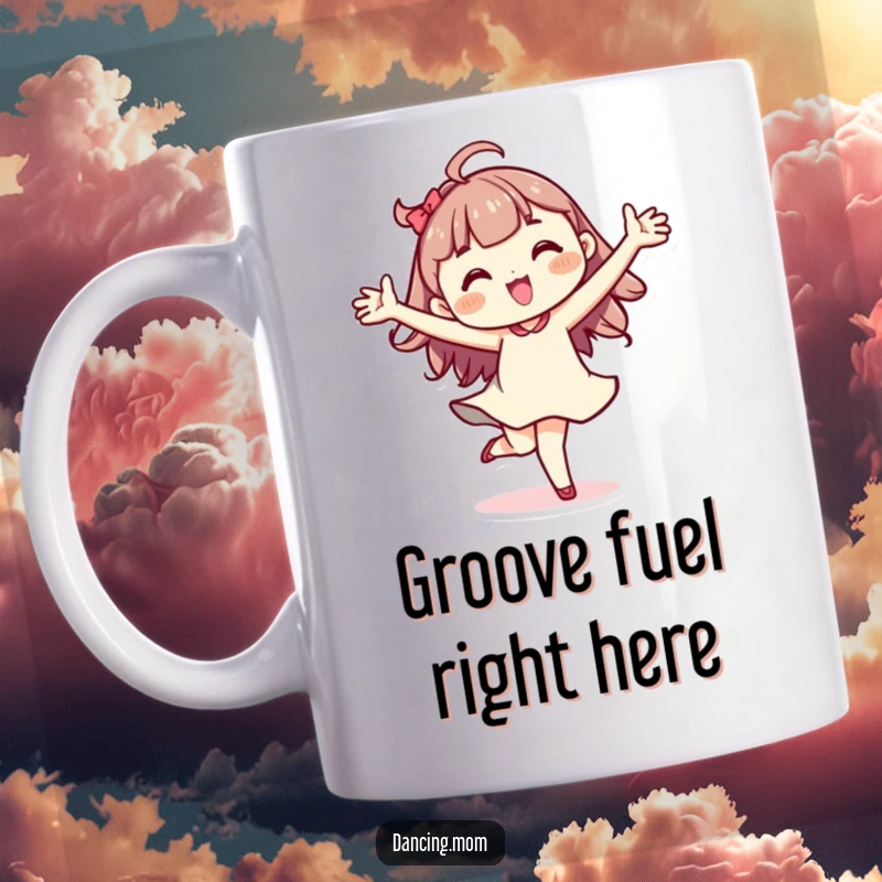 Funny Kawaii dancing character mug, arms wide, mid-pirouette, full of joyful energy and movement.