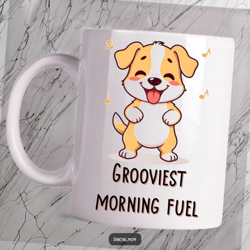 Funny dog mug showing a dog energetically wiggling its hips with pure joy and a happy, infectious rhythm.