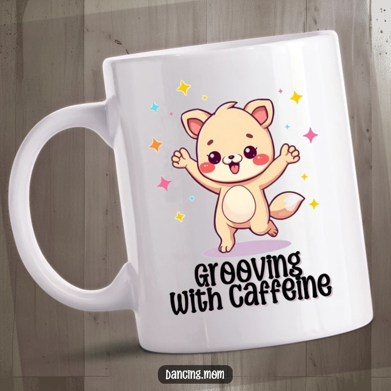 Funny animal character energetically grooving under disco lights, radiating party vibes on a mug.