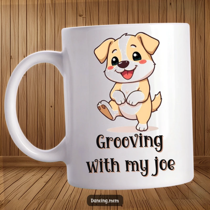 Funny mug showing a dog happily tapping its foot to a beat, radiating joy and infectious rhythm.