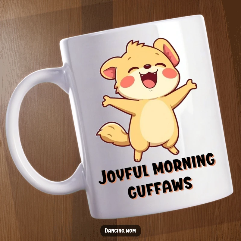 Funny mug with a kawaii animal laughing heartily, head thrown back in pure, unadulterated merriment and joy.