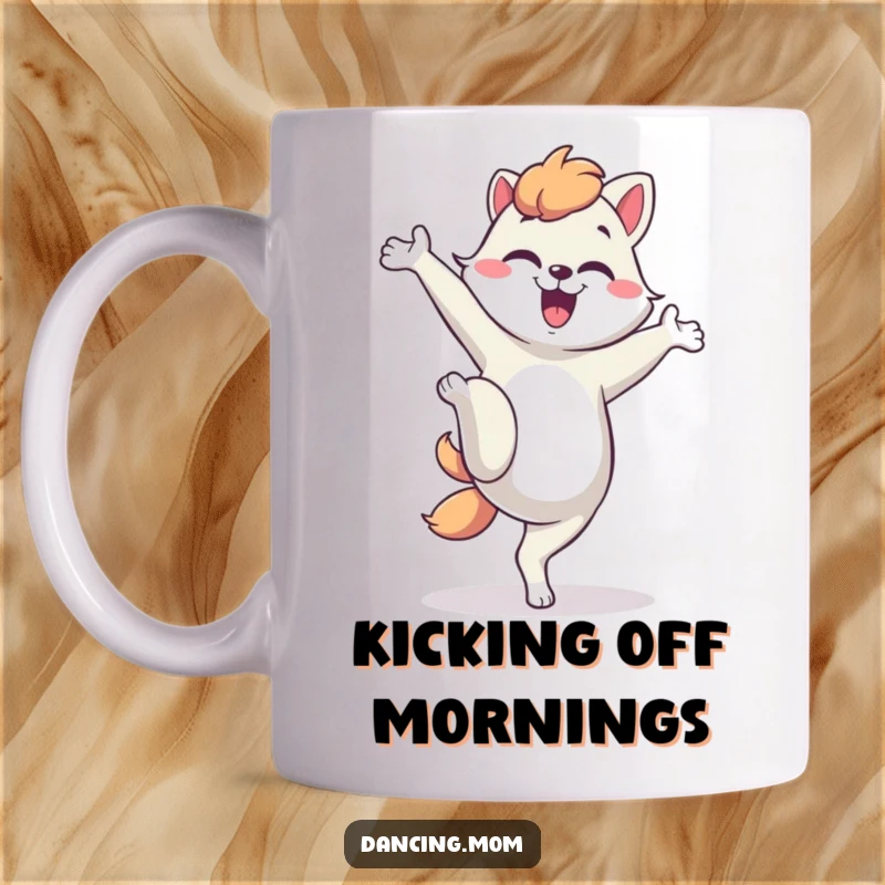 Funny dancing mom animal mug, performing a silly kick with energetic joy, perfect for a humorous morning start.