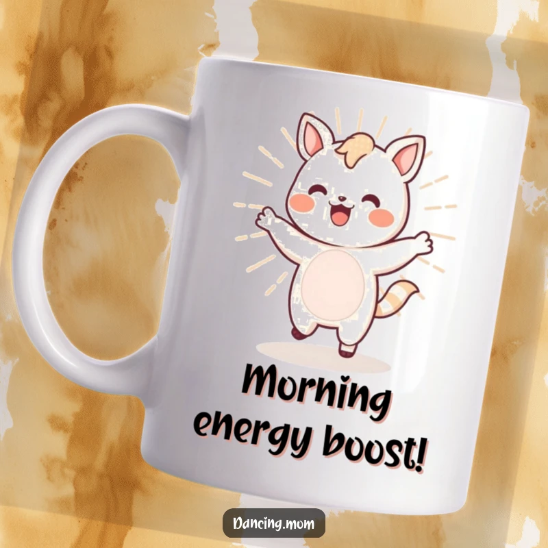 Funny Kawaii Animal Mug: A cute, energetic Kawaii animal joyfully dances with a bouncy bounce, radiating pure happiness.