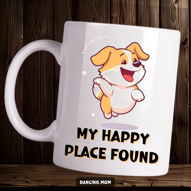 Funny dog mug showing a happy dog spinning in a joyful blur of motion, radiating pure delight and energetic fun.