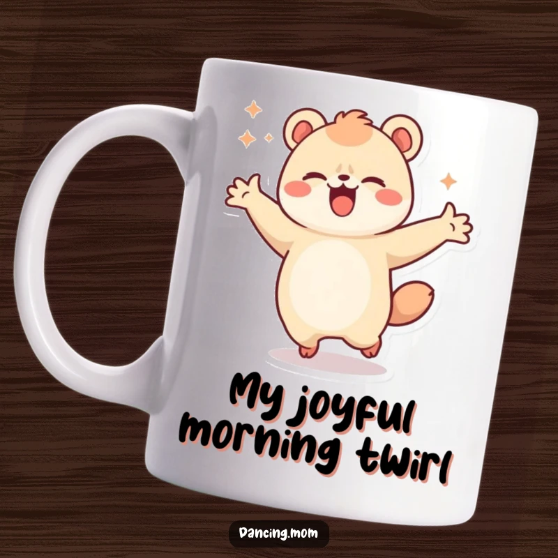 Funny mug featuring a kawaii dancing animal spinning joyfully with arms wide open, expressing pure, unadulterated happiness.