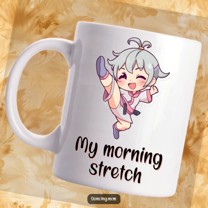 Funny mug with a smiling character performing an elegant high kick, showcasing impressive leg strength and joyful movement.
