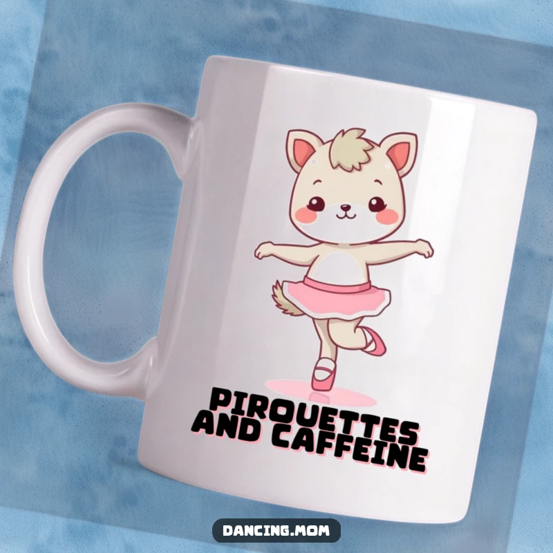 Funny kawaii dancing animal character gracefully twirling in tiny ballet shoes, a delightful and humorous image for any mug.