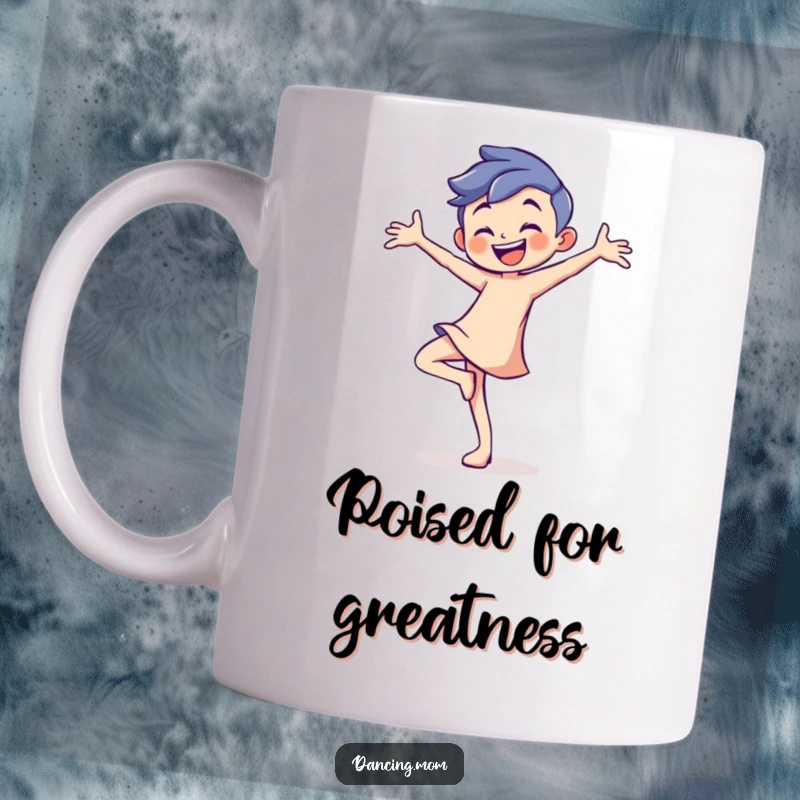 Funny mug showcasing a confident character grinning while balancing elegantly on one toe.