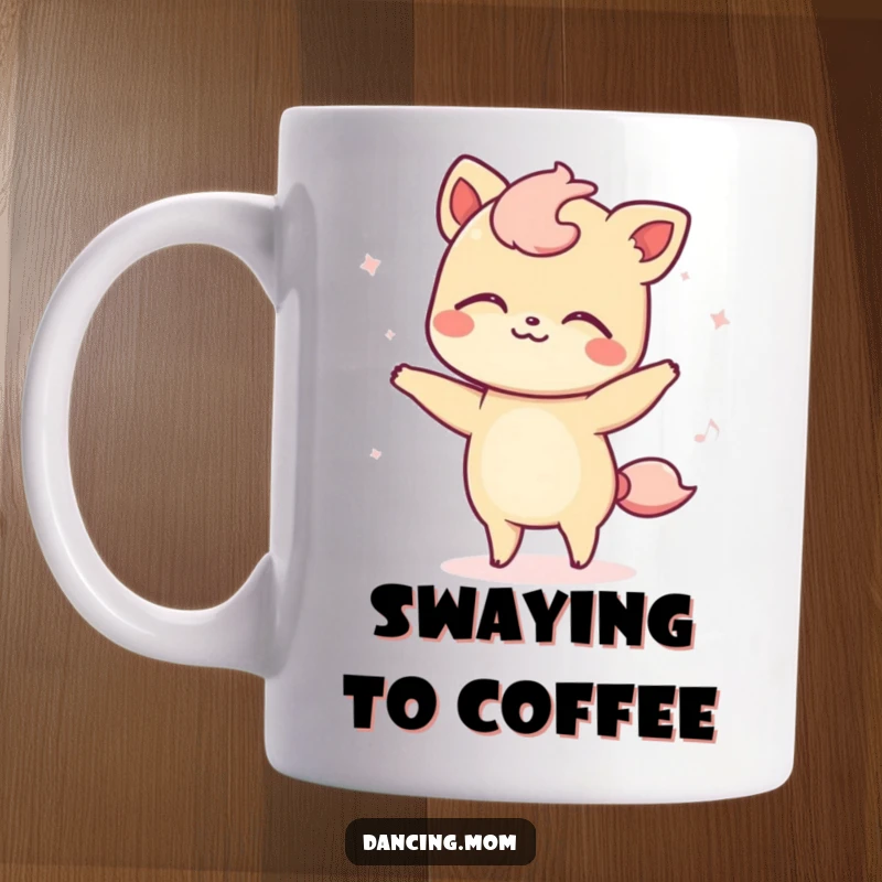 Funny mug featuring a kawaii dancing animal with eyes closed, swaying peacefully to an unheard, imaginary rhythm.