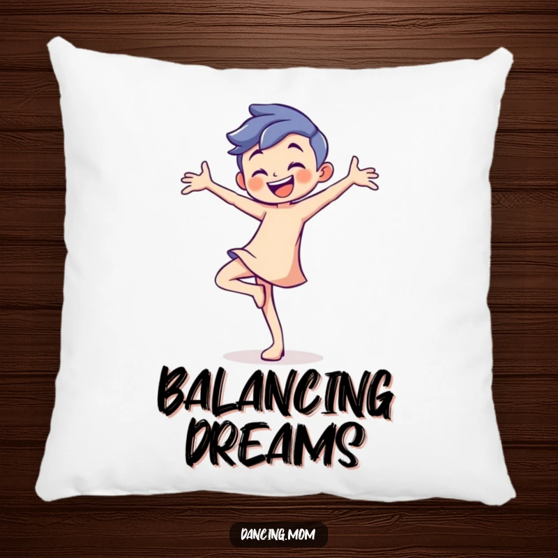 Funny pillow featuring a grinning character balancing perfectly on one toe with playful confidence.