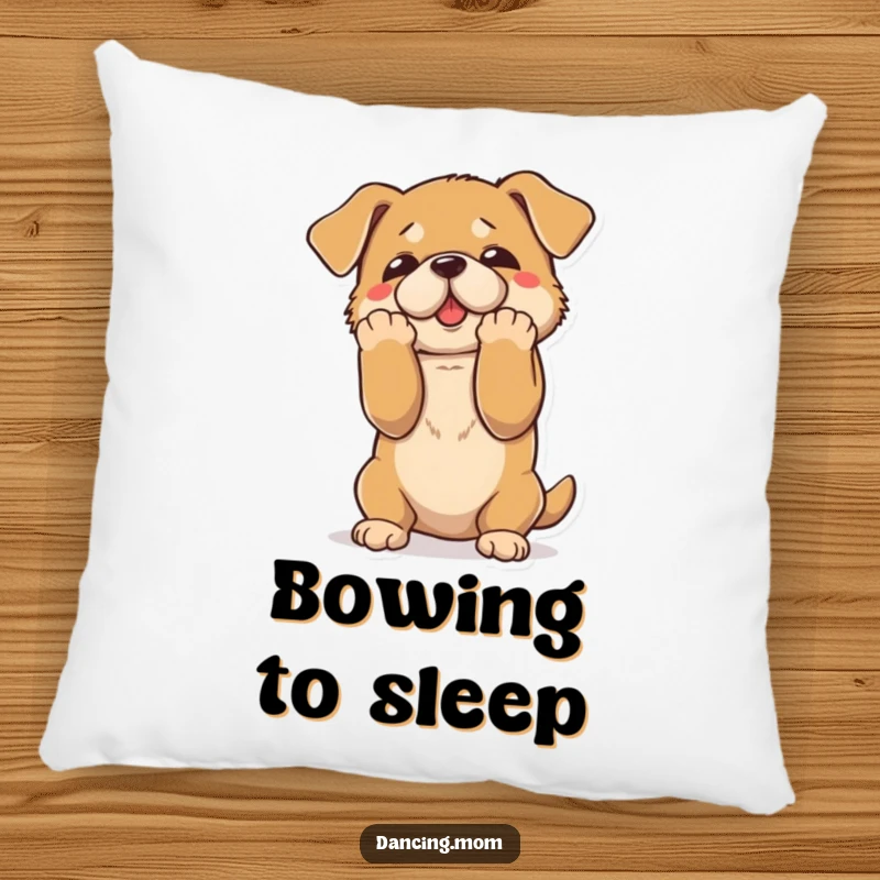 Funny pillow showcasing a dog taking a dramatic bow with paws spread, offering humorous theatrical comfort.