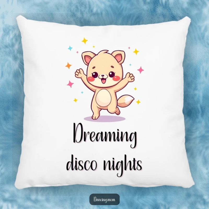 Funny animal character energetically grooving under disco lights, printed on a soft and decorative pillow.