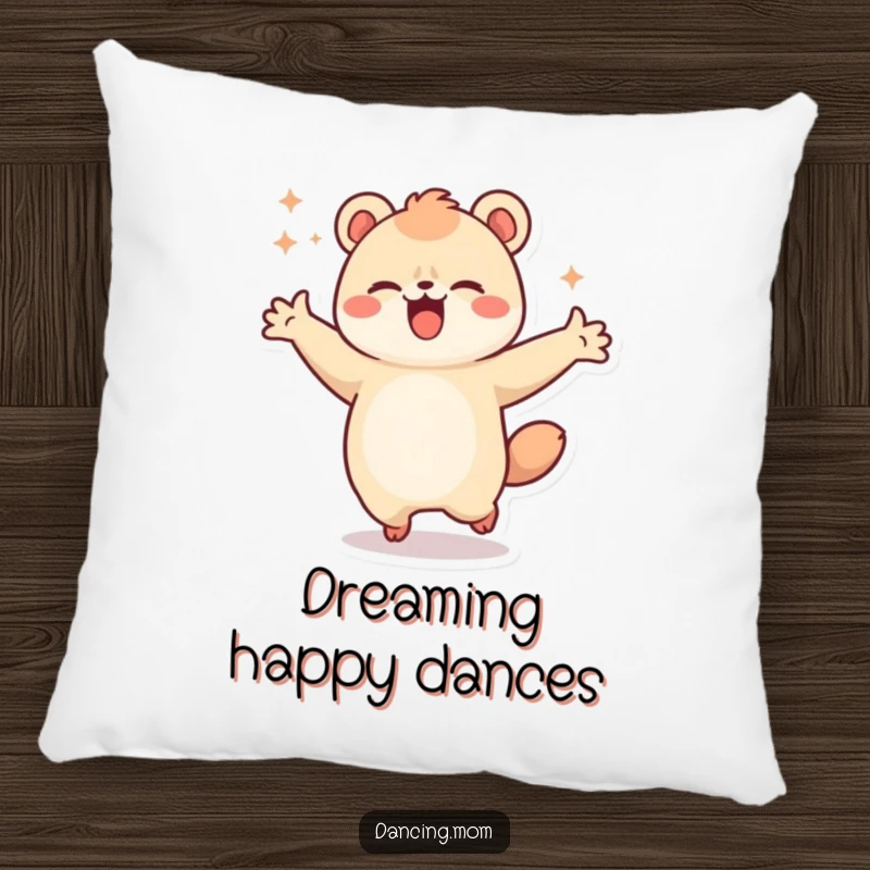 Funny decorative pillow featuring a kawaii animal spinning with arms wide open in a pose of ultimate joy and happiness.
