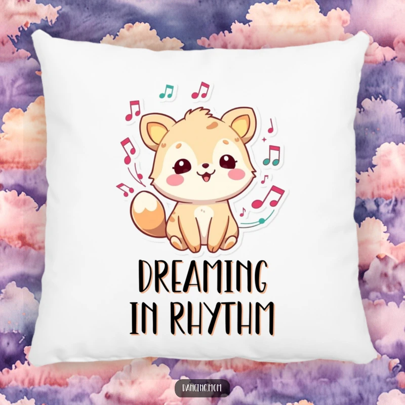 Funny joyful animal with musical notes swirling, a soft and humorous decorative pillow for music lovers.