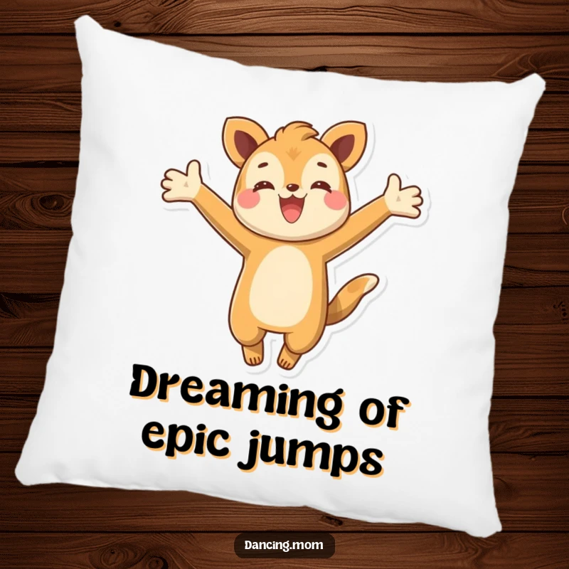 Funny pillow with a happy animal character joyfully leaping with arms outstretched, adding energetic charm and comfort to any space.