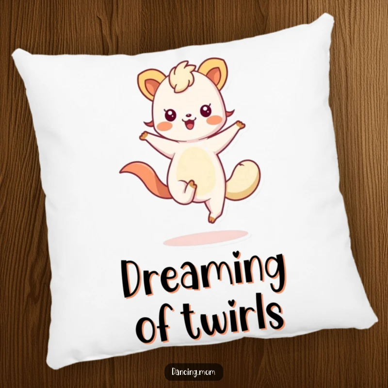 Funny pillow with a soft texture, illustrating a kawaii animal with flowing limbs, captured mid-twirl in a charming dance.