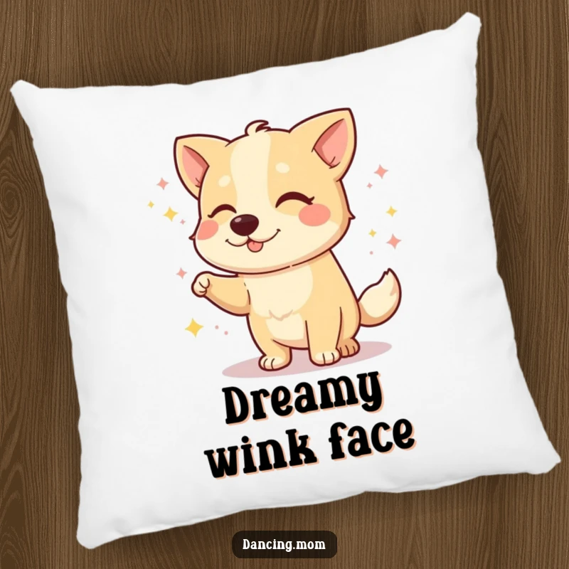 Funny dog pillow showcasing a dog winking playfully during a dance, a soft and humorous accent piece.