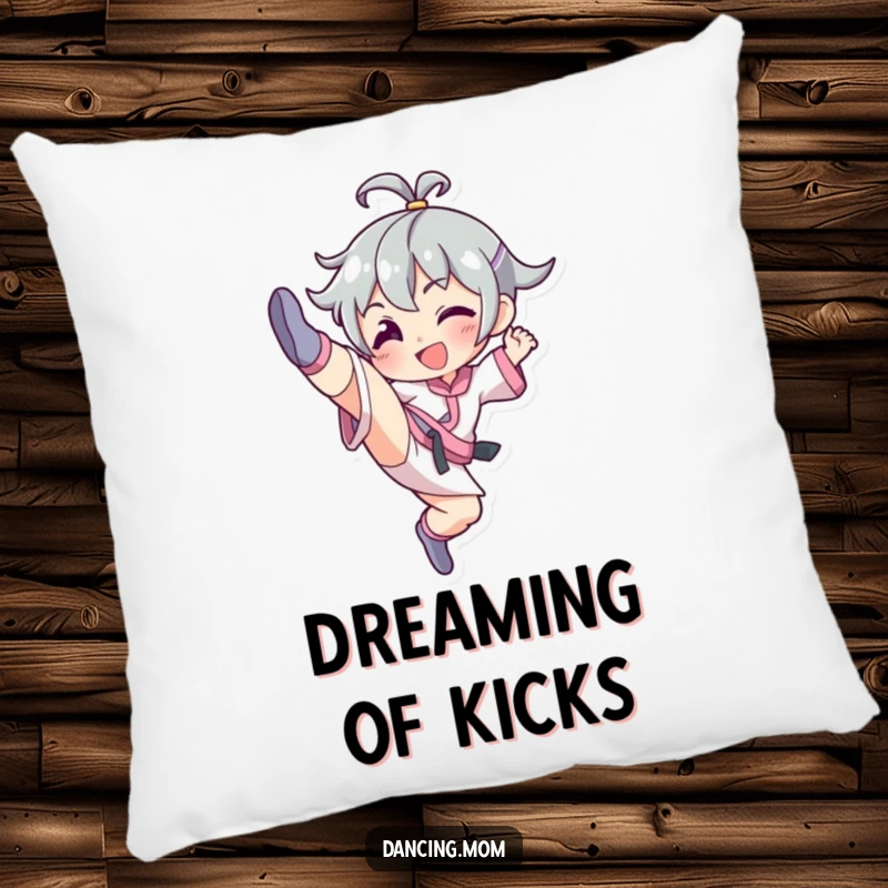 Funny decorative pillow featuring a character with a bright smile performing a graceful, energetic high kick.
