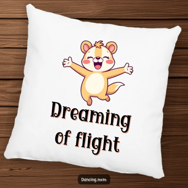 Funny animal character joyfully leaping with arms outstretched, printed on a soft and decorative pillow.