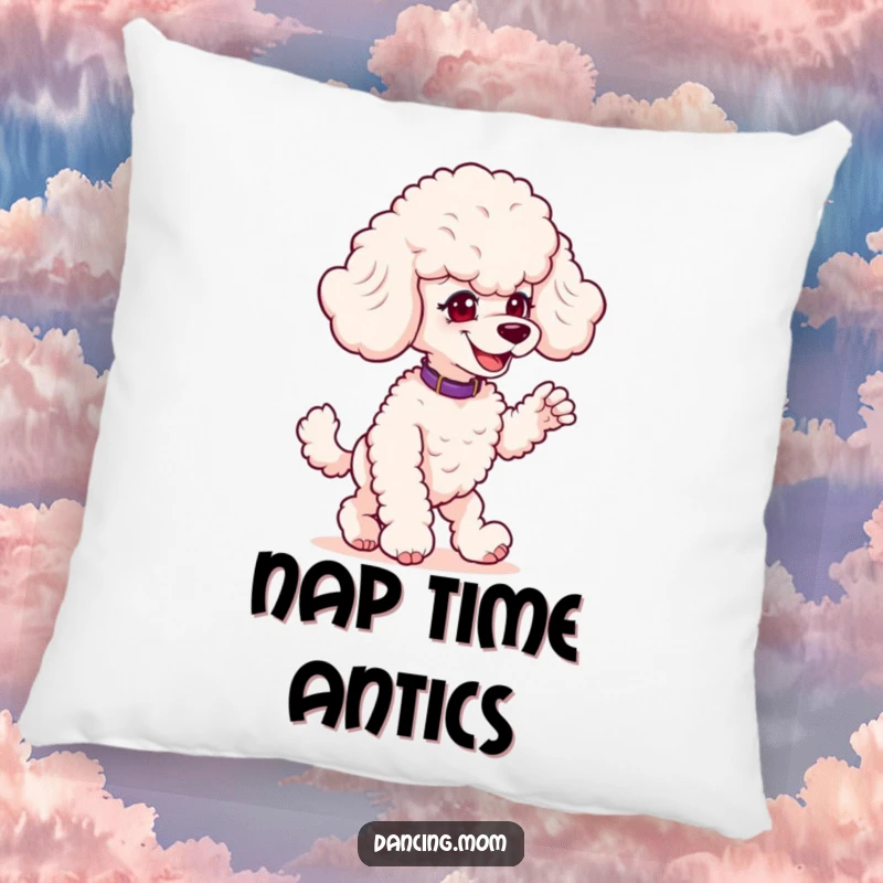 Funny Poodle Prankster Pillow: A poodle with a mischievous grin poses playfully mid-dance, adding humor and comfort.