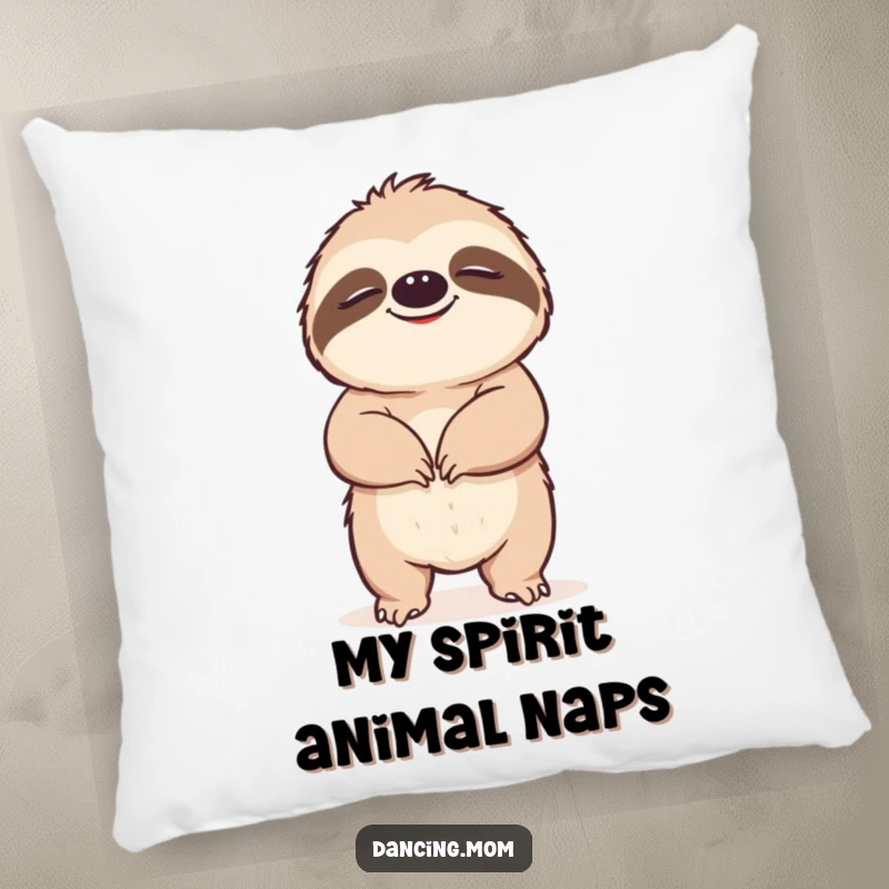 Funny Sloth pillow depicting a happy sloth grooving slowly with blissful eyes closed, perfect for adding comfort and humor.