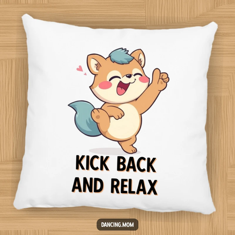 Funny Pillow: Giggling animal character in a high kick pose, winking playfully, offering comfort and comedic flair.