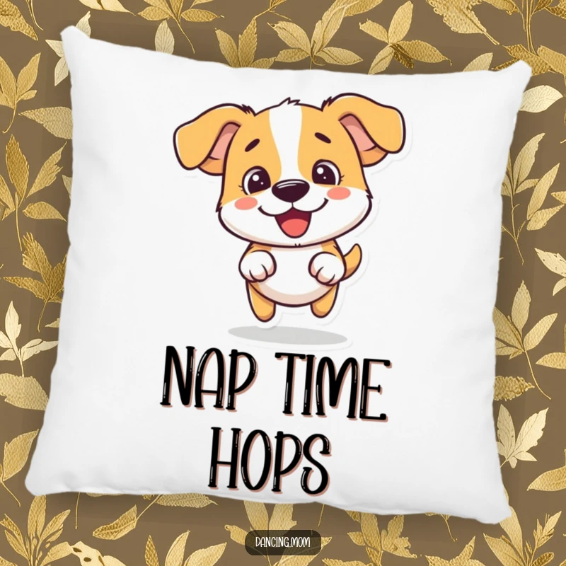 Funny dog pillow showcasing a dog doing a silly little hop with pure fun, a soft and humorous delight.