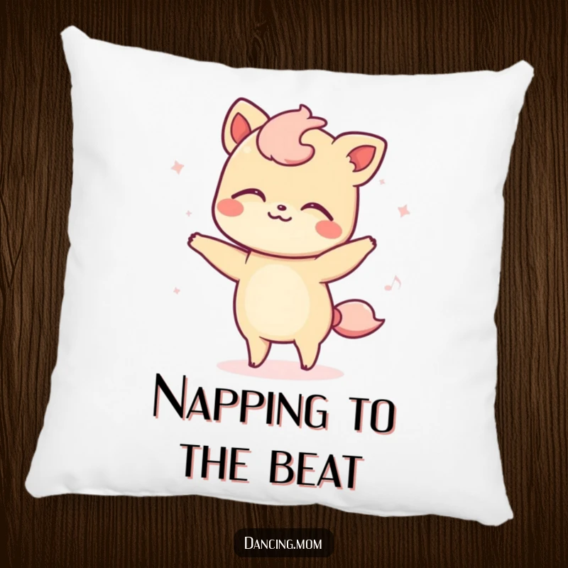 Funny decorative pillow featuring a kawaii animal swaying gently with eyes closed, exuding peaceful rhythm and comfort.