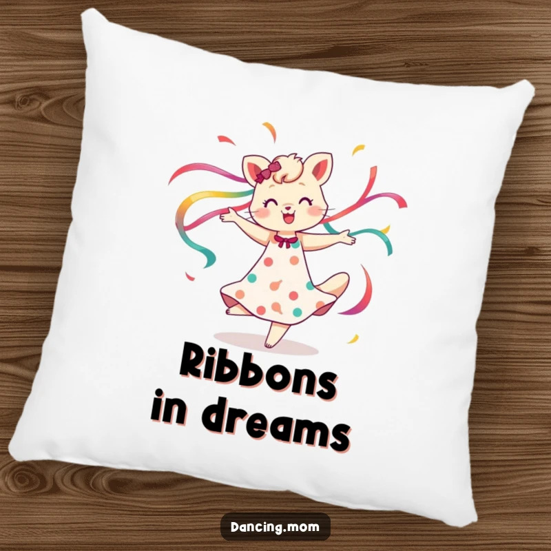 Funny pillow with a dancing mom animal spinning with colorful ribbons flowing, soft and visually appealing, perfect for adding charm.