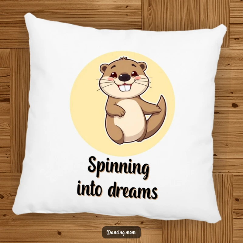 Funny pillow featuring a cheerful otter spinning in circles with a goofy, happy grin, for soft, joyful comfort.