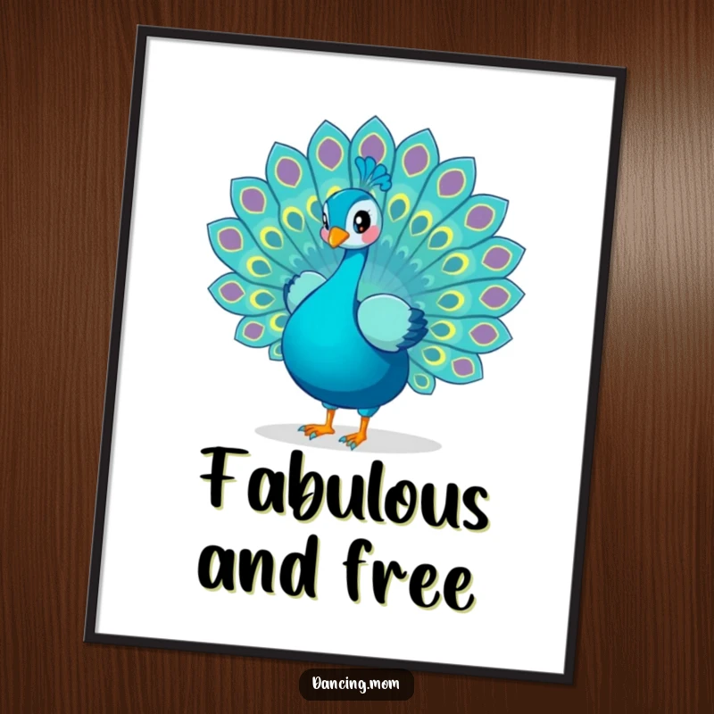 Funny Peacock digital art print of a playful bird spreading its tail feathers in a dance, ready for vibrant wall decor.