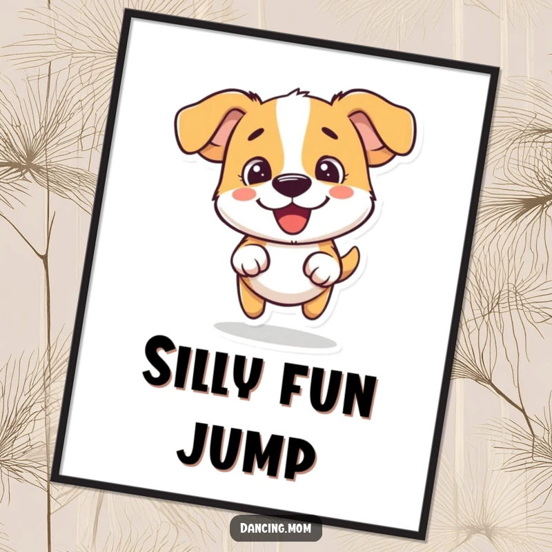 Funny dog digital art print of a dog doing a silly little hop with pure fun, capturing joyful energy.