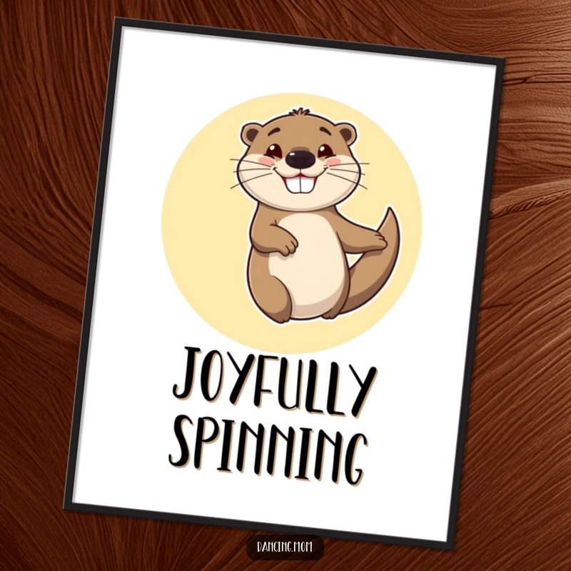 Funny digital art print of a cheerful otter spinning in circles with a goofy, happy grin, for vibrant, joyful decor.